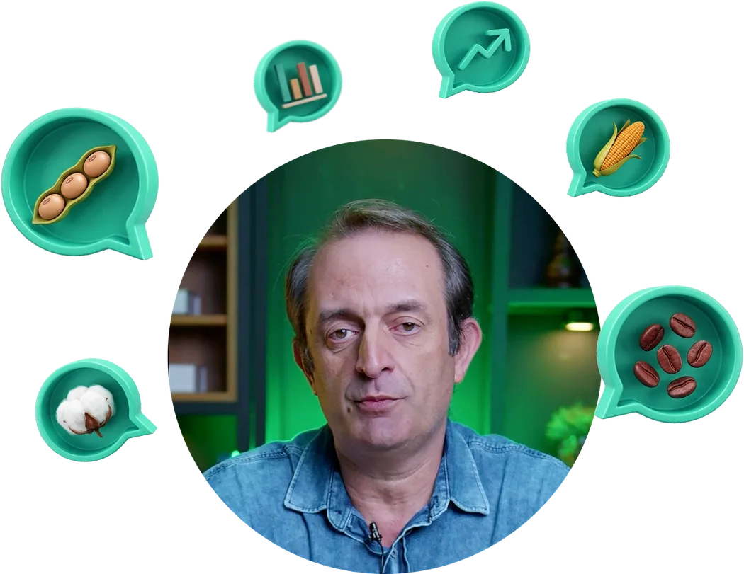 Anderson, especialista de mercado da Sapiens Agro, cercado por balões com ícones de soja, milho, café, algodão e gráficos Anderson, especialista de mercado da Sapiens Agro, cercado por balões com ícones de soja, milho, café, algodão e gráficos