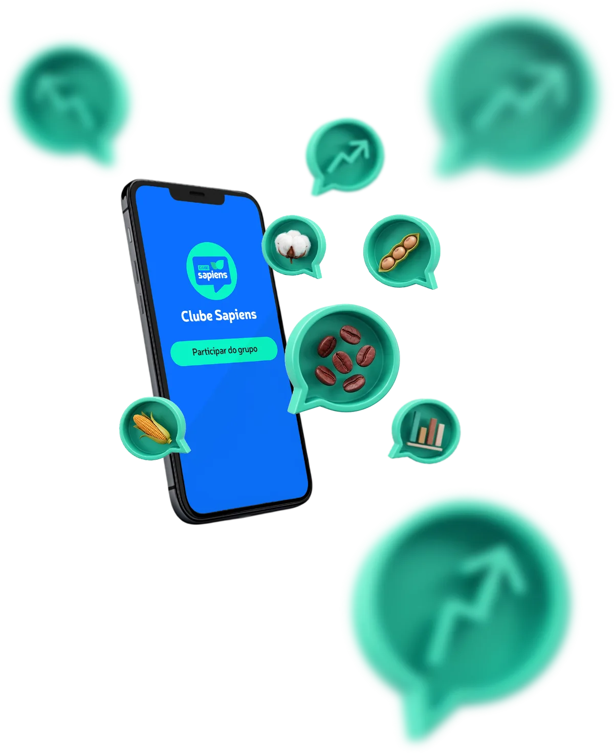 Celular exibindo o grupo do Clube Sapiens no WhatsApp, cercado por balões com ícones de soja, milho, café, algodão e gráficos de mercado Celular exibindo o grupo do Clube Sapiens no WhatsApp, cercado por balões com ícones de soja, milho, café, algodão e gráficos de mercado