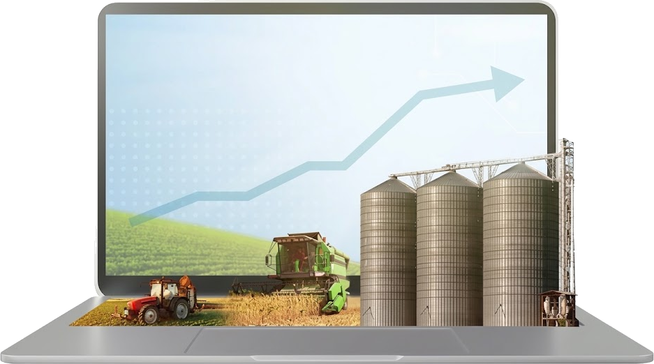 Notebook com gráfico de alta diante de silos e da lavoura